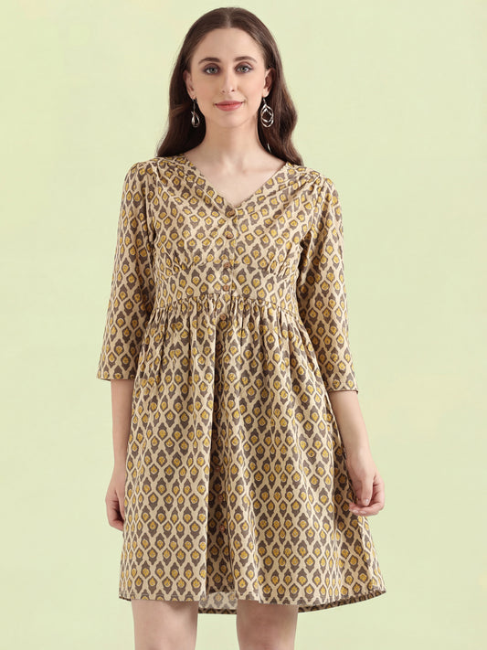 Cotton Ikat Buti Block Print Short Dress