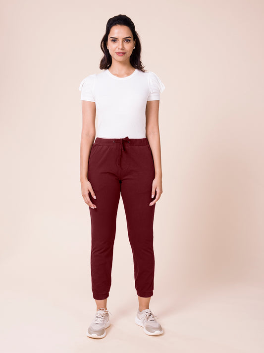 Maroon Cotton Poly Stretch Cuffed Joggers