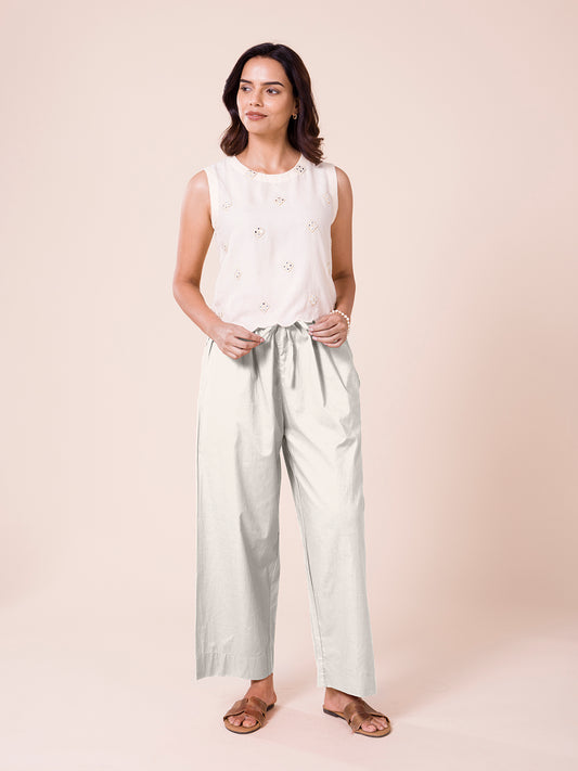 Cream Cotton Wide Leg Pants