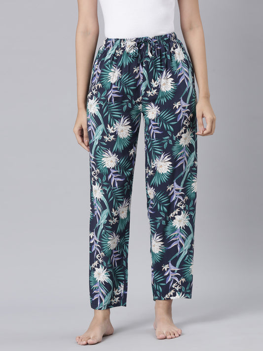 Navy Woven Viscose Printed Lounge Pants