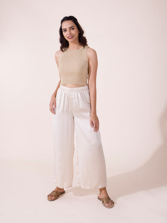 Cream Polyester Shiny Palazzo