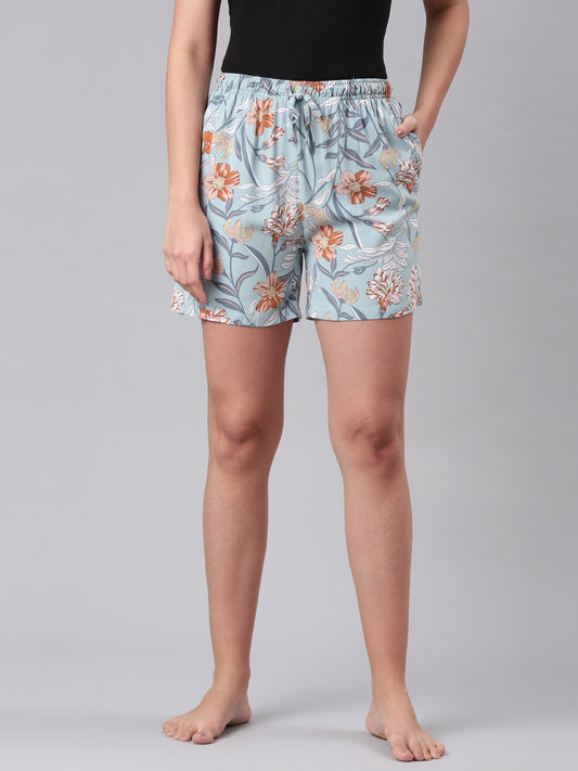 Blue Woven Viscose Printed Lounge Shorts