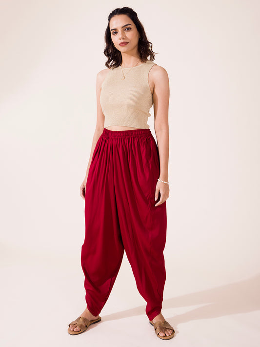 Maroon Woven Viscose Harem Dhoti Pant