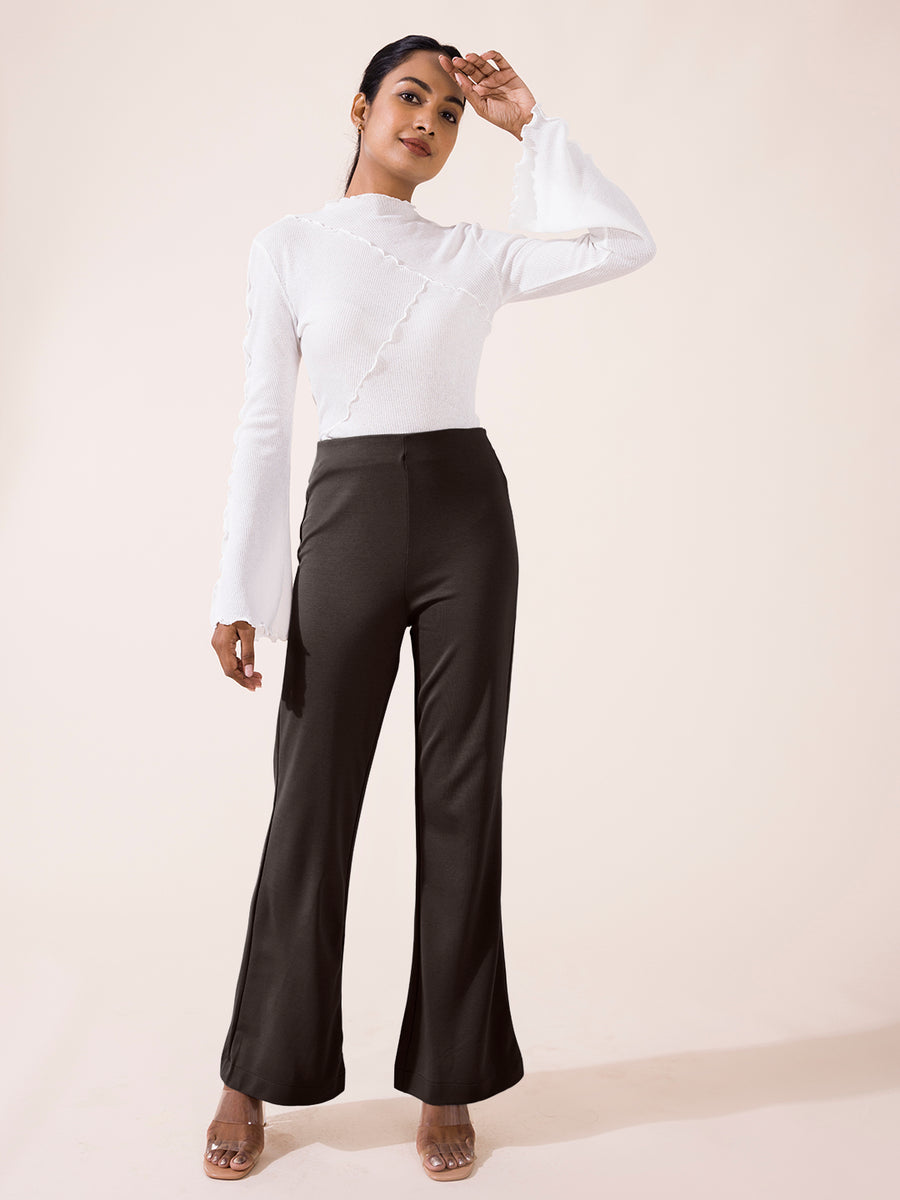 Grey Solid Bell Bottom Pants –