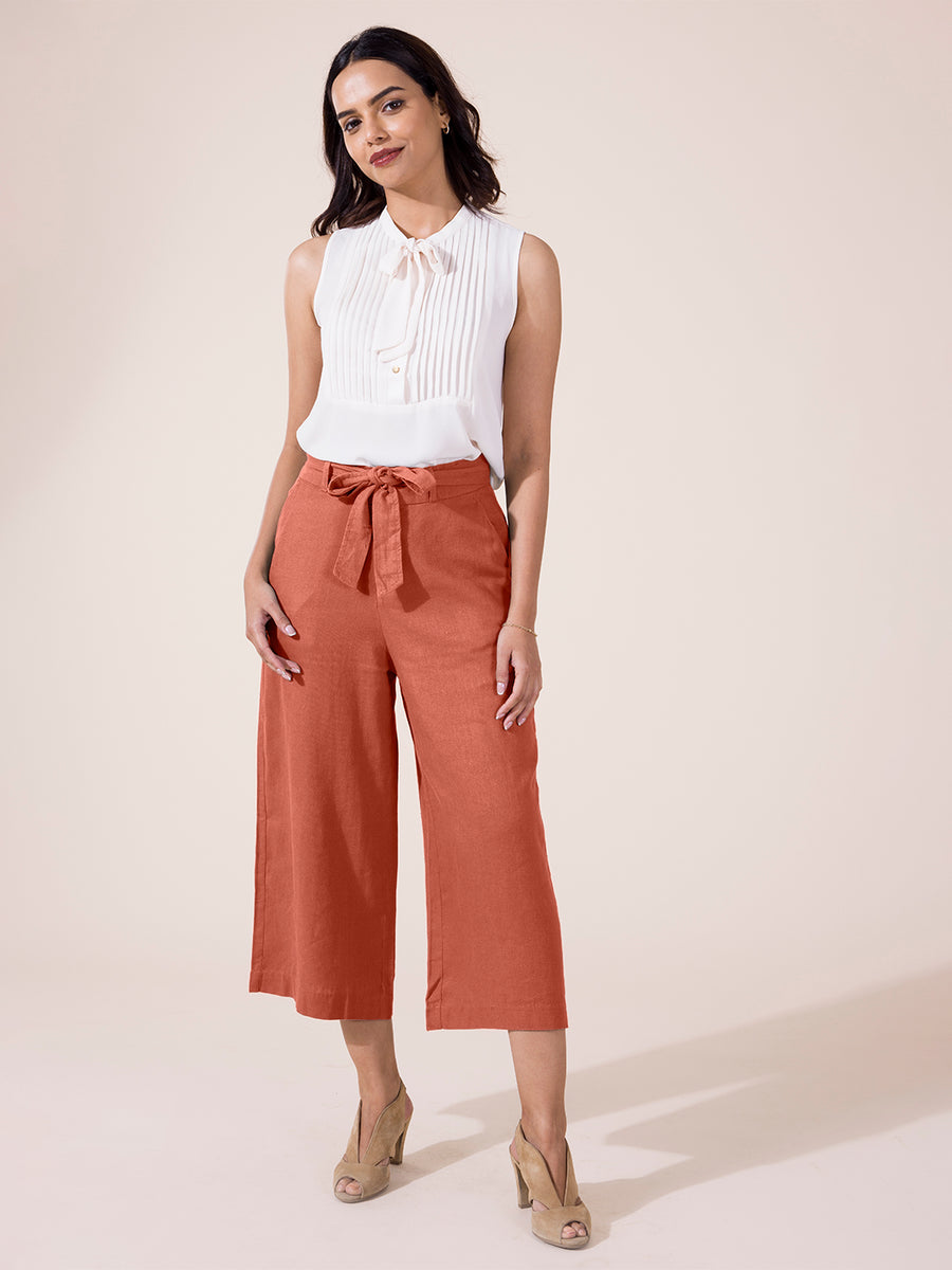 Women Solid Beige Linen Mid Rise Culottes