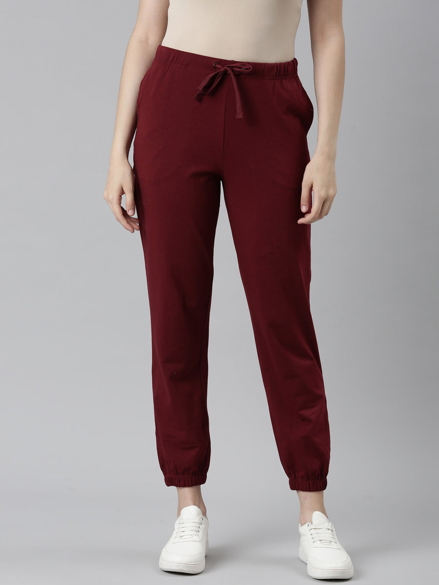 Women Solid Light Wine Mid Rise Cotton Casual Joggers