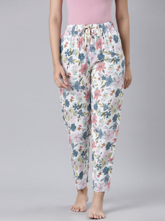 White Woven Viscose Printed Lounge Pants