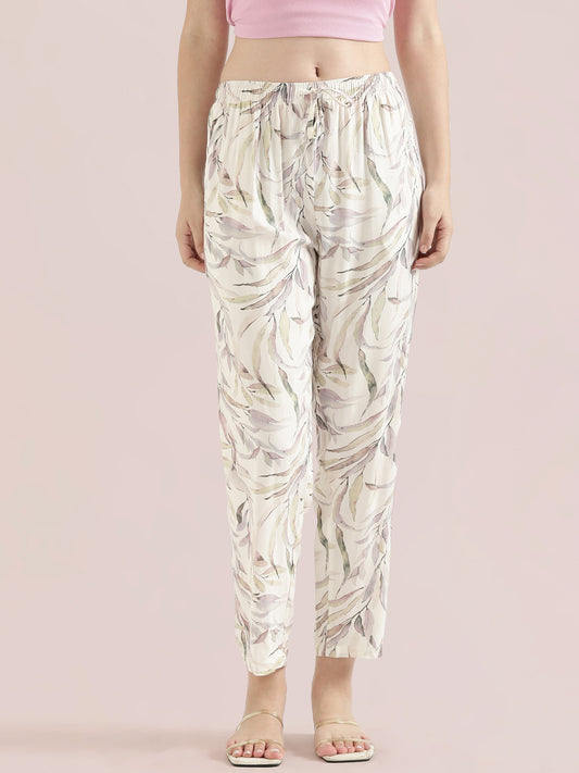 White Woven Viscose Printed Lounge Pants