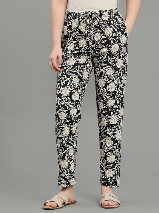 Black Cotton Knit Printed Lounge Pants