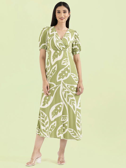 Viscose V-Neck Printed Fit & Flare Dress