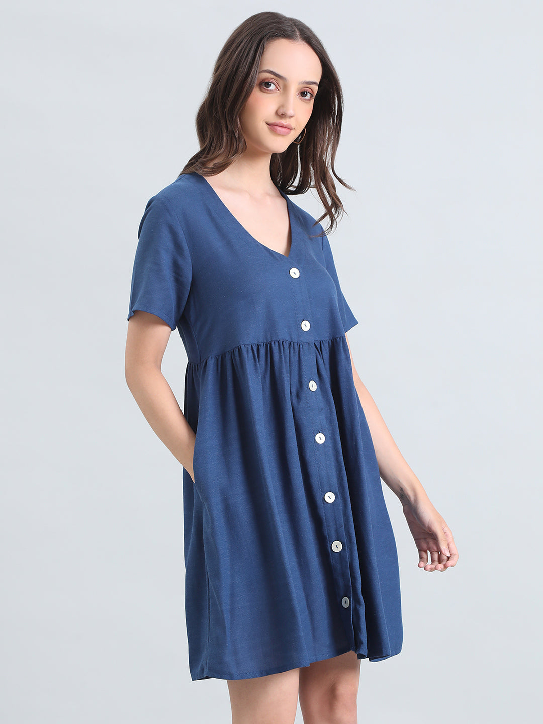 Linen V-Neck Regular Fit Short Dress