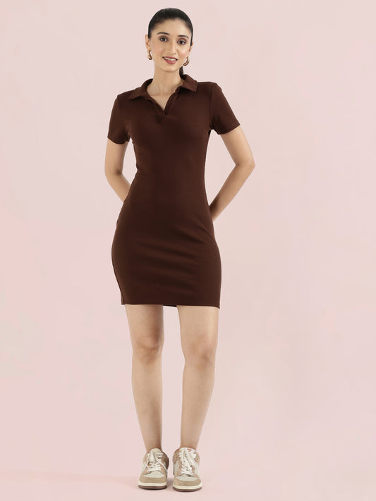 Rib Cotton Slim Fit Polo Neck Short Dress