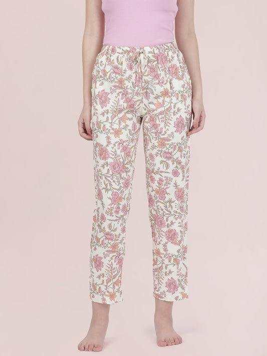 White Woven Viscose Printed Lounge Pants