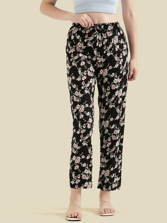 Black Woven Viscose Printed Lounge Pants