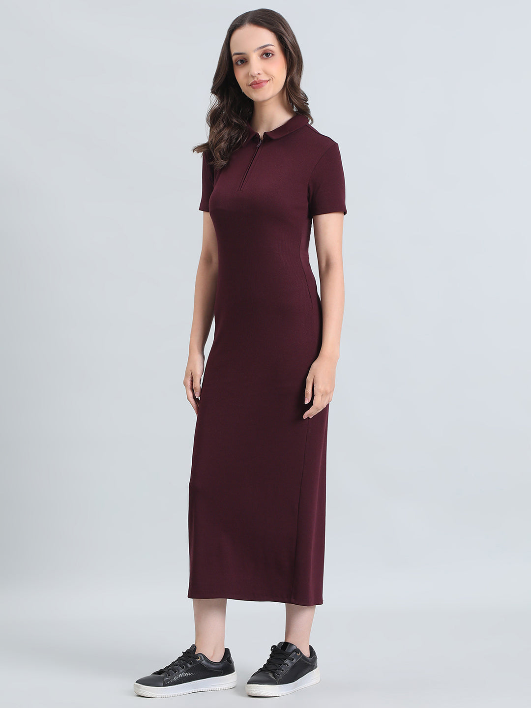 Rib Cotton Slim Fit Polo Neck Long Dress