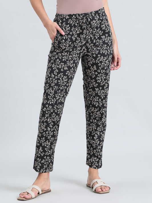 Black Cotton Knit Printed Lounge Pants
