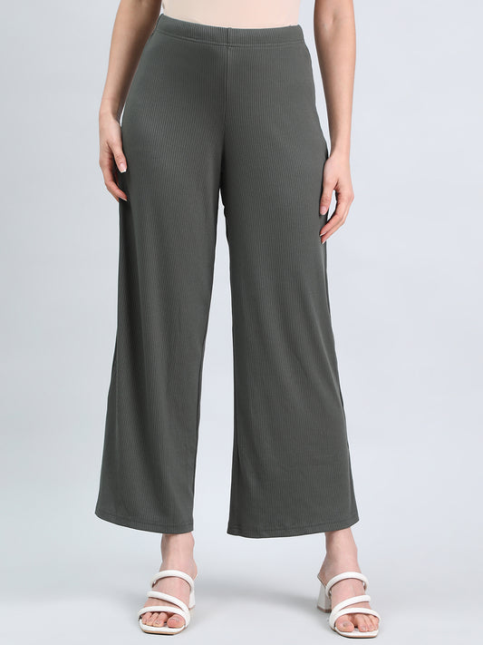 Olive Green Drop Needle Fabric Rib Palazzo