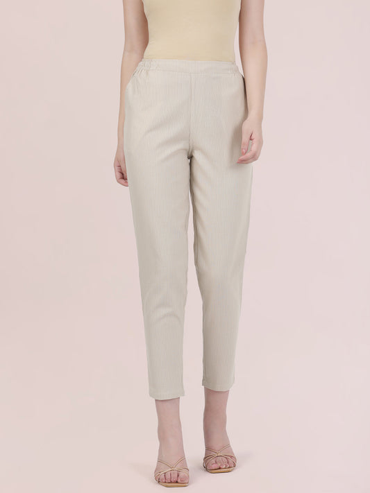 Beige Cotton Stripe Pencil Pants