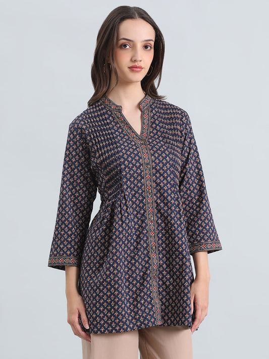 Cotton Ajrakh Buti Print Pintuck Short Kurti