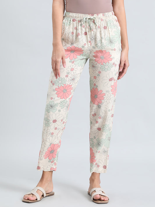 White Woven Viscose Printed Lounge Pants