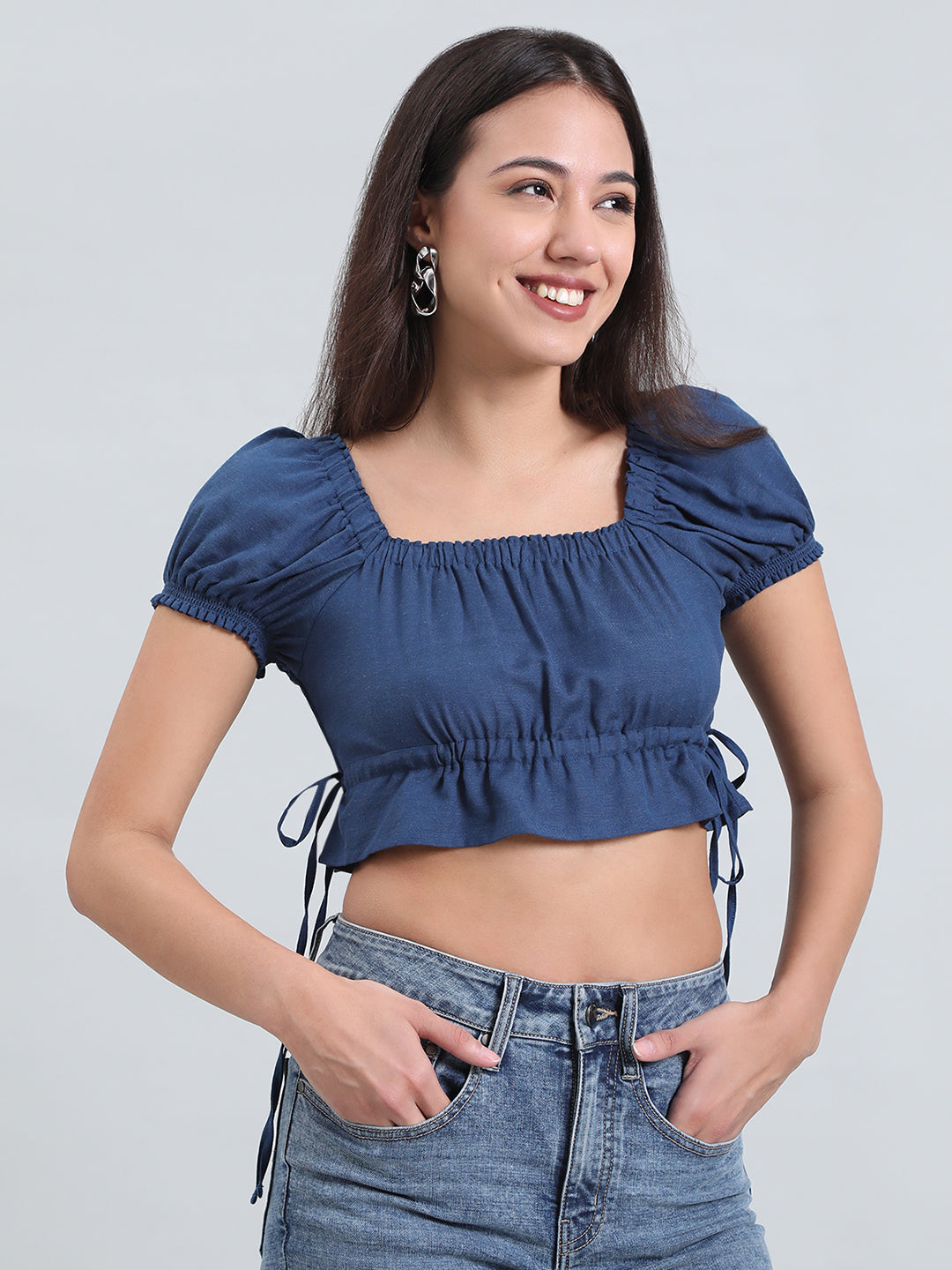 Linen Blend Square Neck Cropped Gathered Blouse