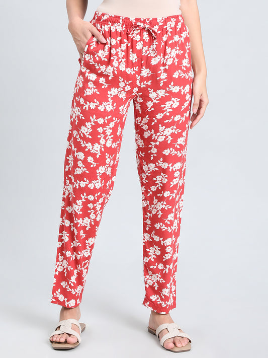 Red Woven Viscose Printed Lounge Pants