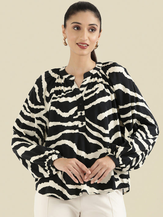 Viscose Loose Fit Mandarin Collar Printed Blouse