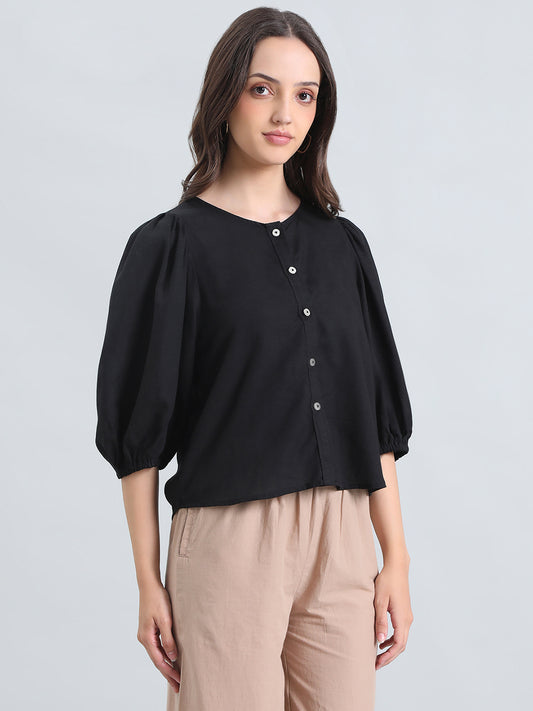 Linen Puff Sleeve Crew Neck Shirt