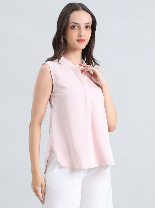 Rayon Mandarin Collar Sleeveless Top