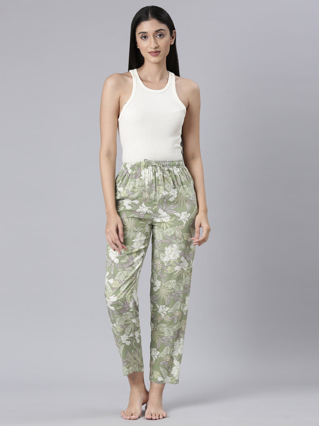 Green Woven Viscose Printed Lounge Pants