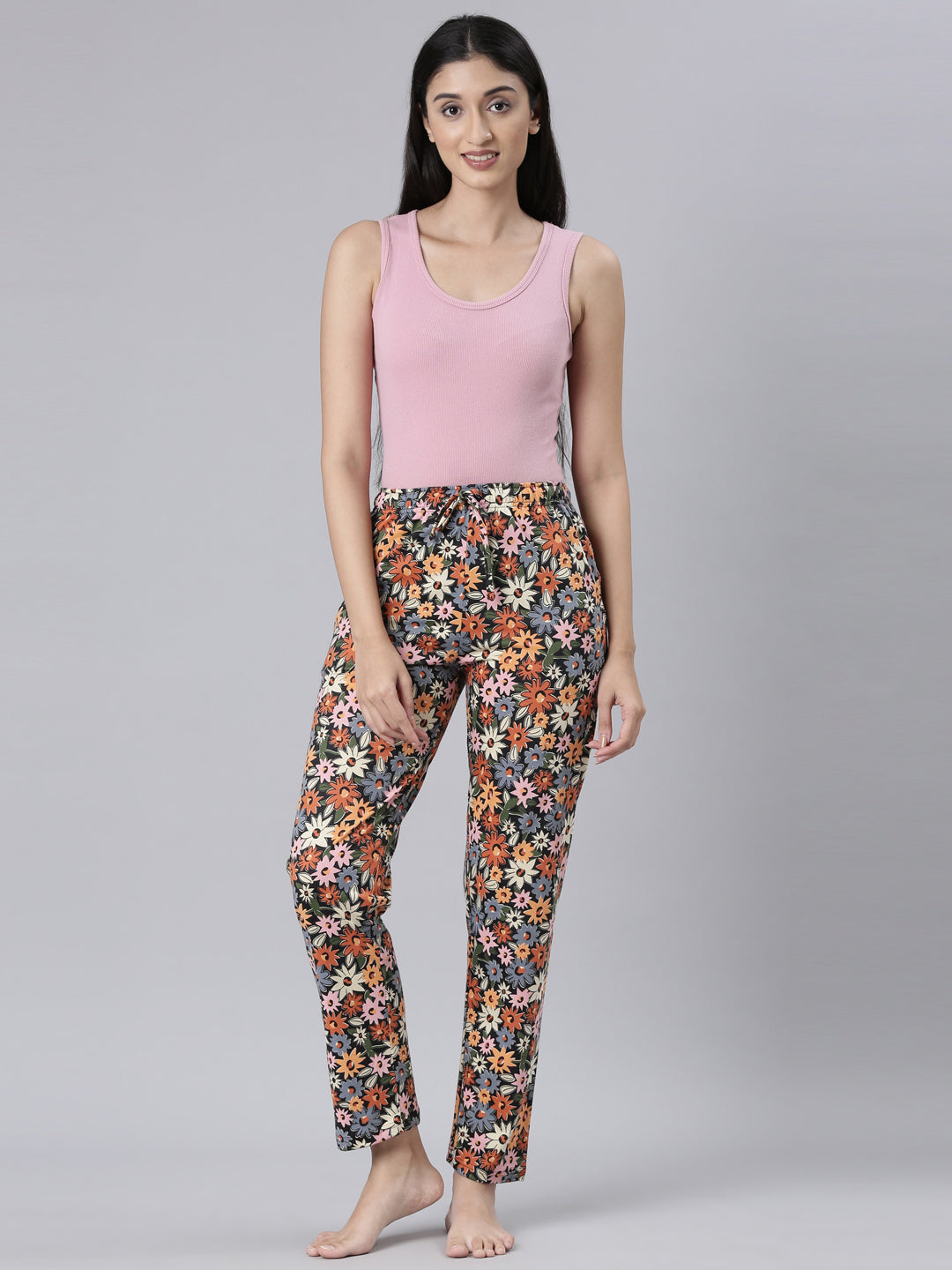 Black Cotton Knit Printed Lounge Pants