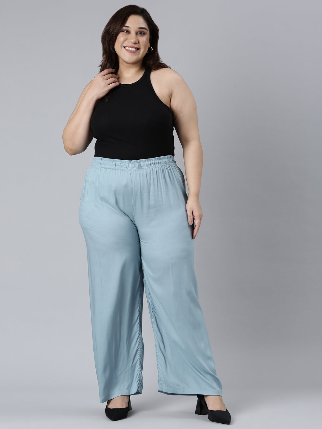 Dusty Blue Woven Viscose Basic Palazzo