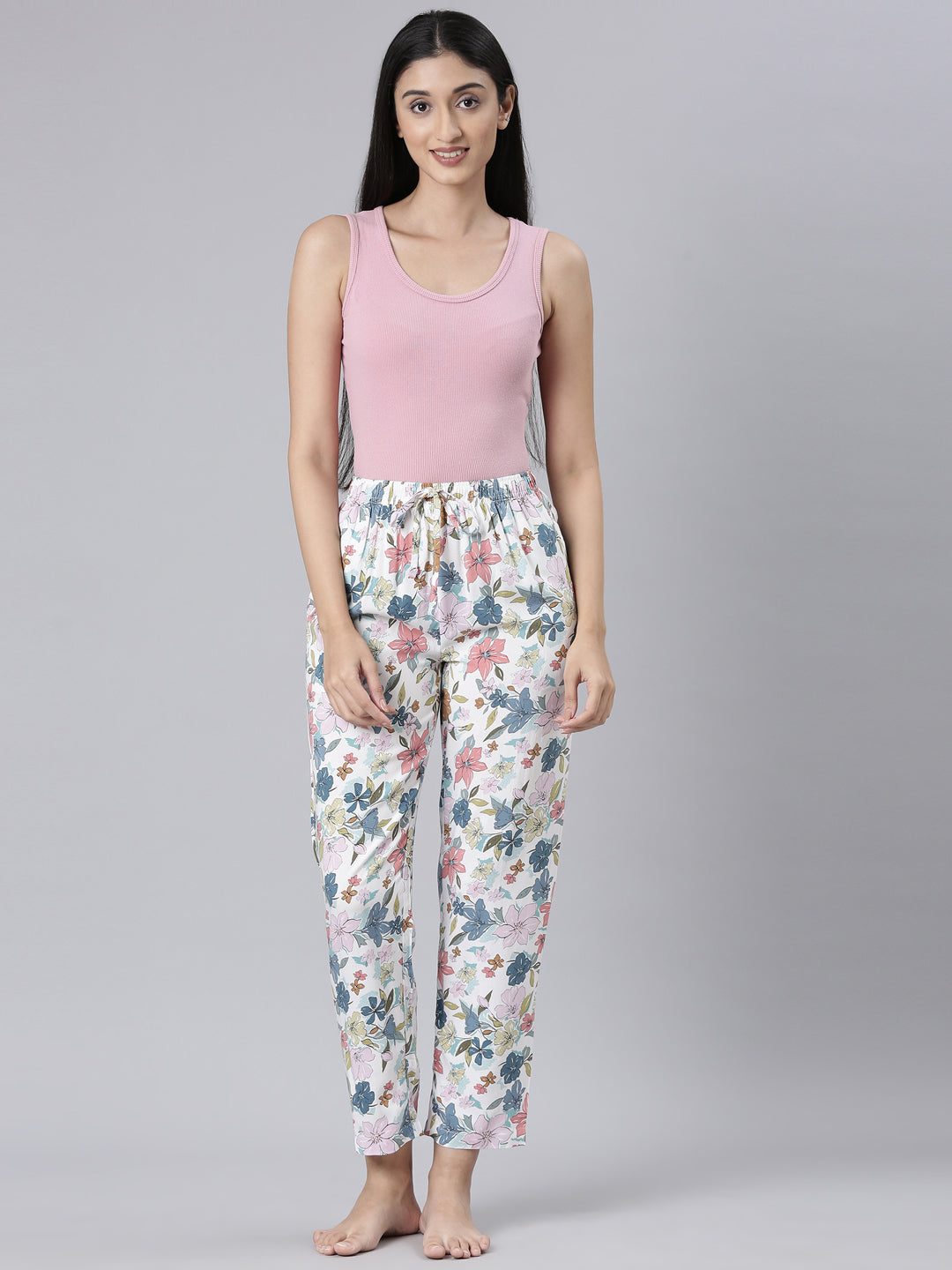 White Woven Viscose Printed Lounge Pants