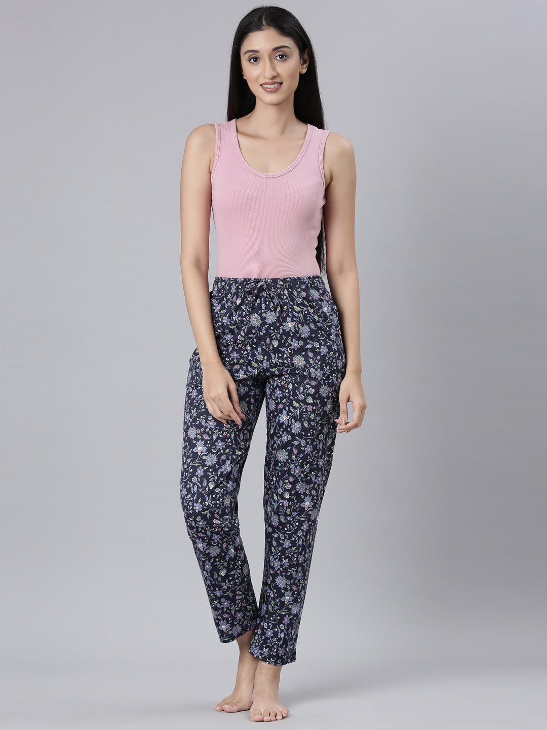 Navy Cotton Knit Printed Lounge Pants