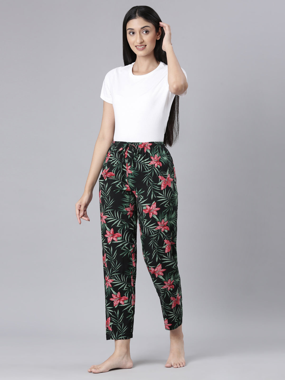 Black Woven Viscose Printed Lounge Pants