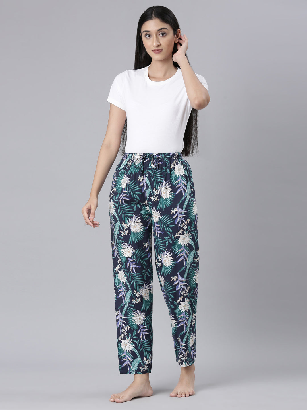 Navy Woven Viscose Printed Lounge Pants