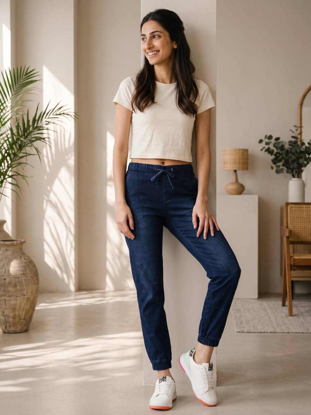 Blue Cotton Poly Stretch Denim Joggers