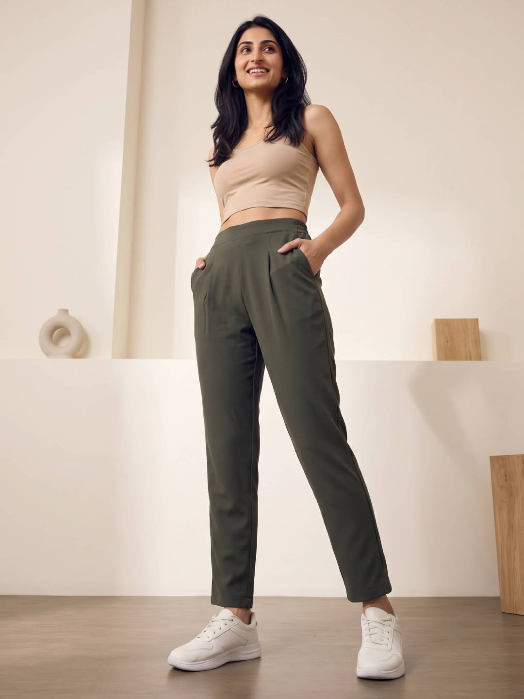 Olive Green Woven Cotton Stretch Formal Trouser