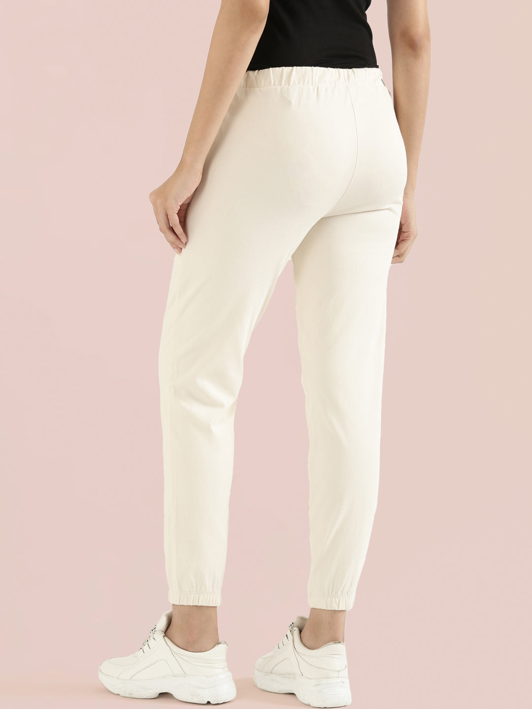 Cream Cotton Poly Stretch Cuffed Joggers