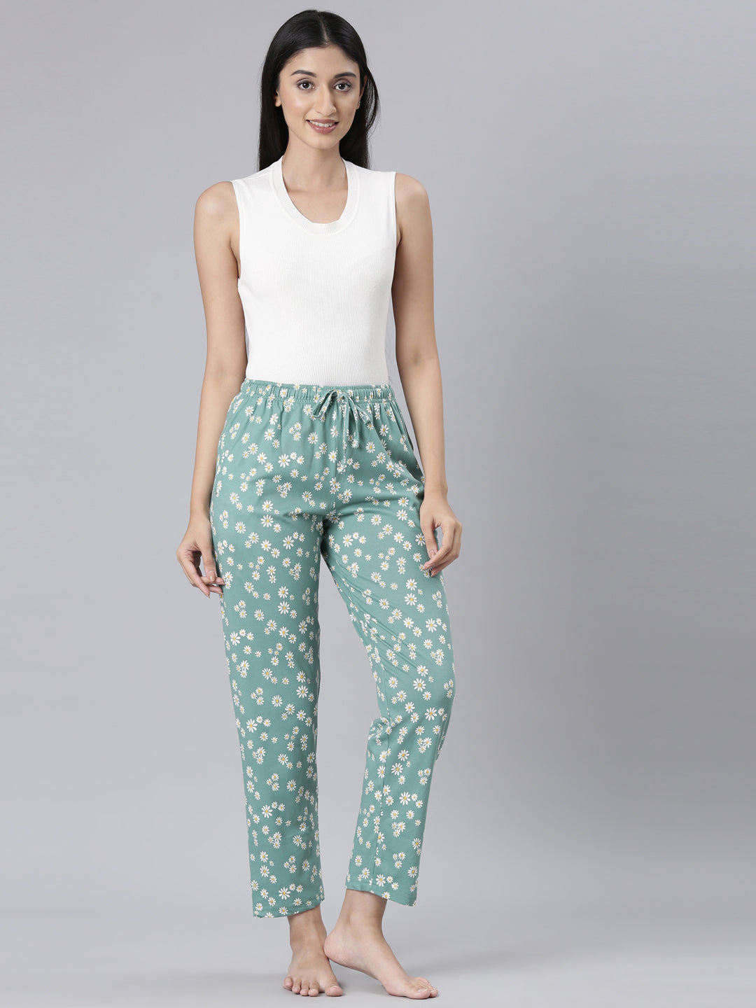 Green Cotton Knit Printed Lounge Pants
