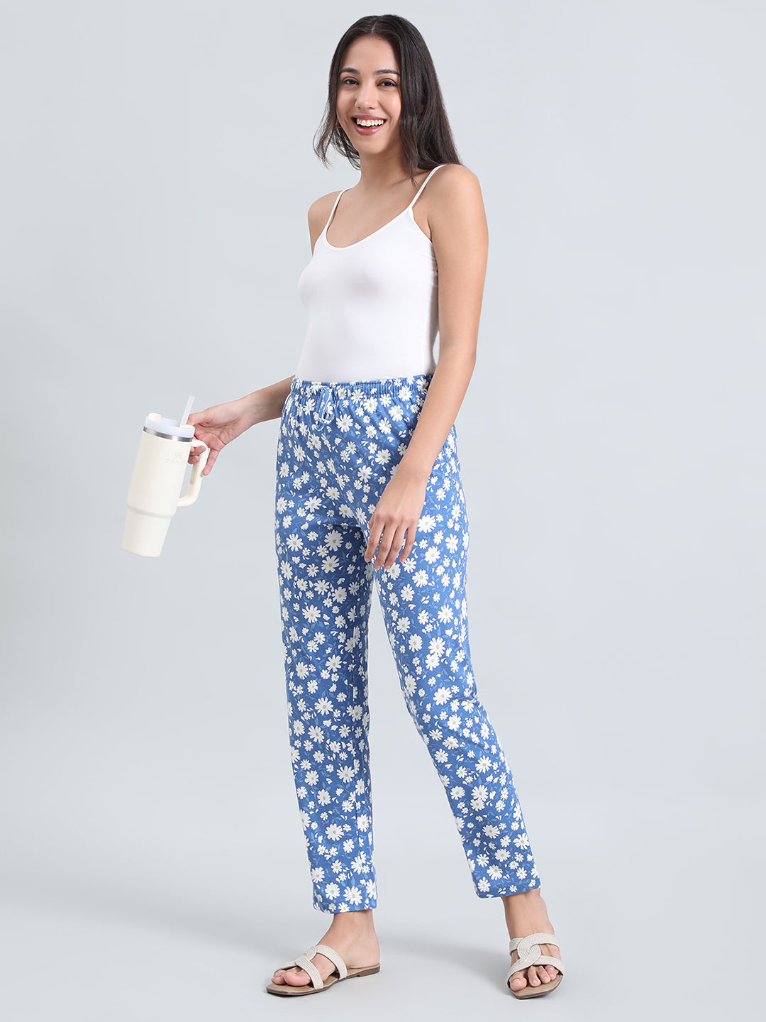 Blue Cotton Knit Printed Lounge Pants