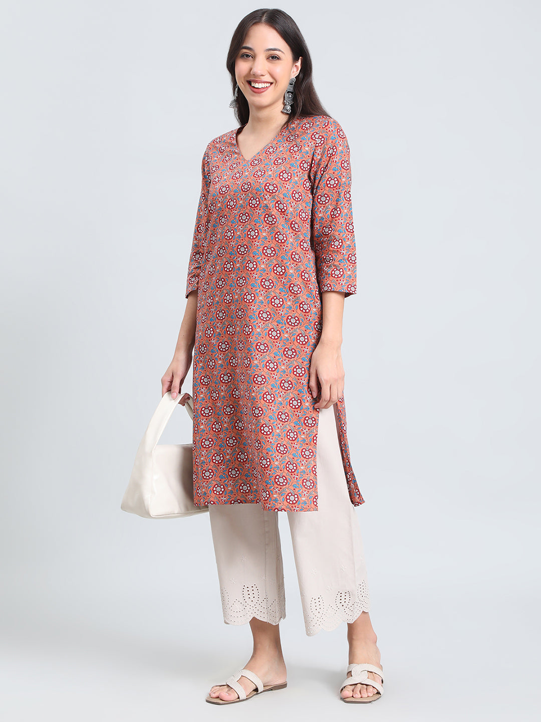 Cotton Ajrakh Floral Print Straight Kurta
