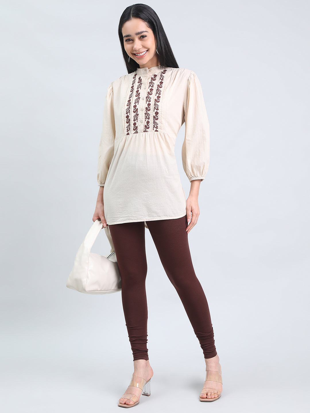 Brown Cotton Stretch Ankle Length Leggings