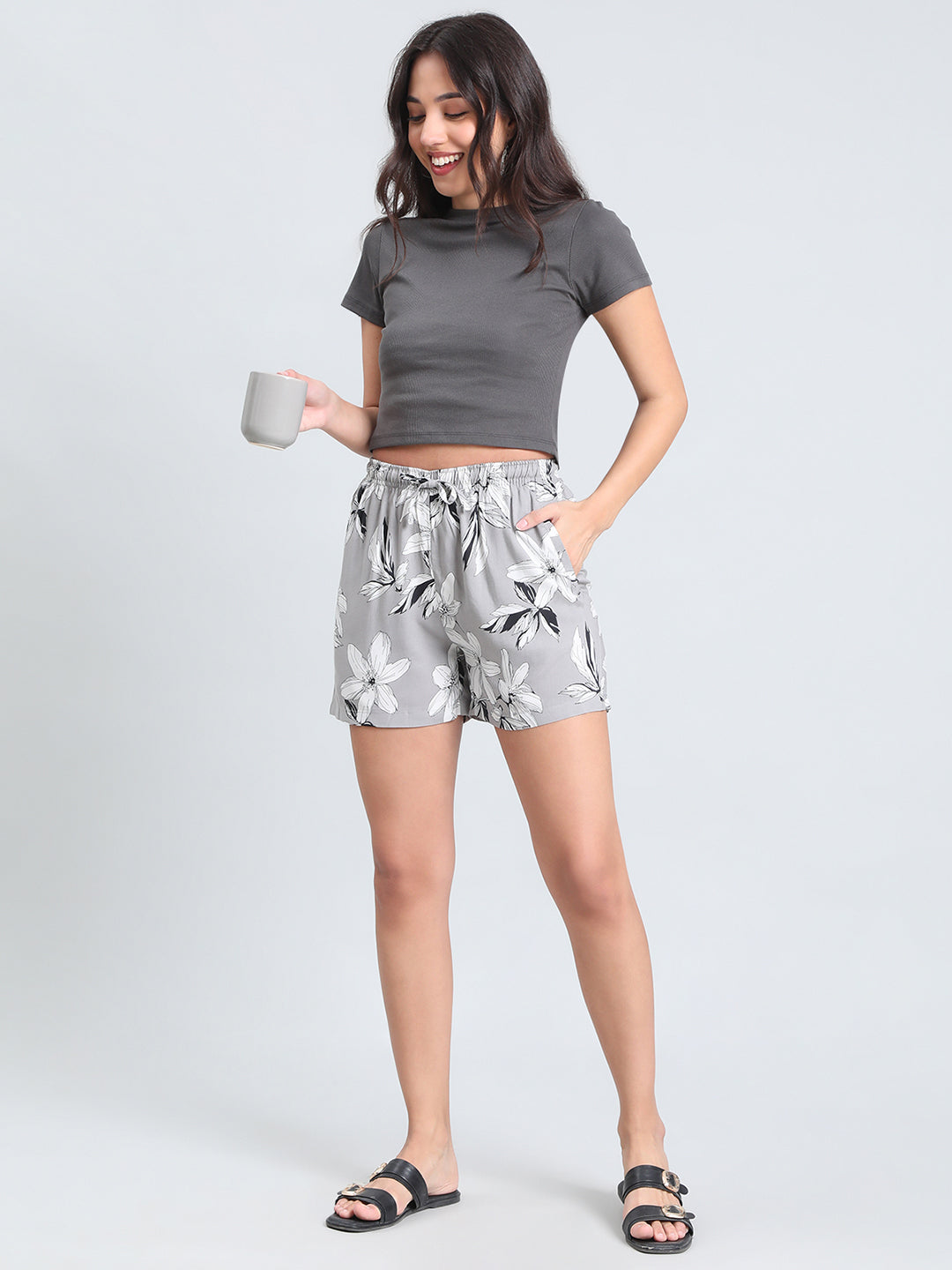 Grey Woven Viscose Printed Lounge Shorts
