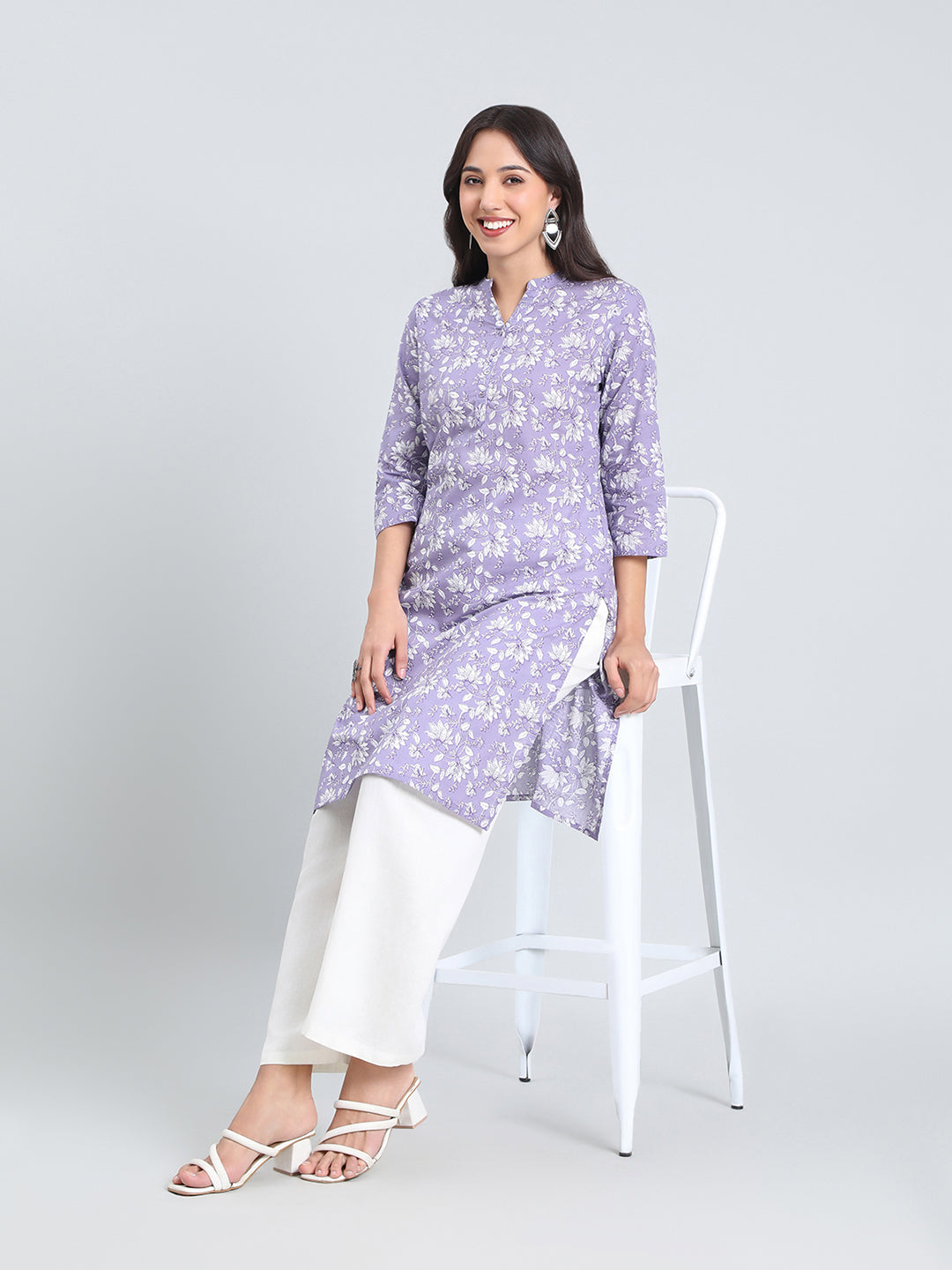 Cotton Floral Block Print Straight Kurta
