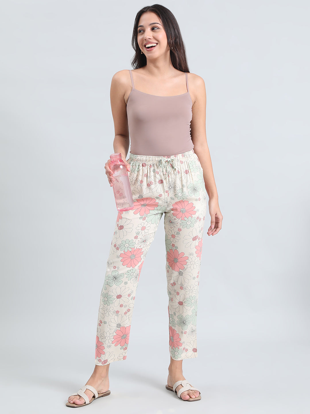 White Woven Viscose Printed Lounge Pants