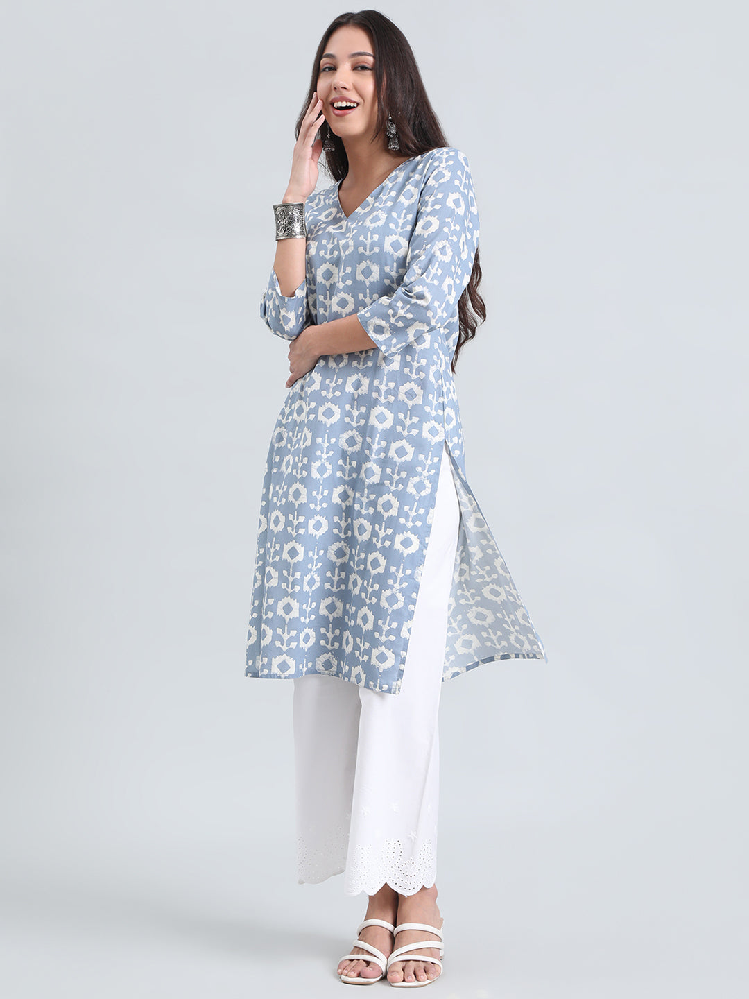 Cotton Ikat Block Print Straight Kurta