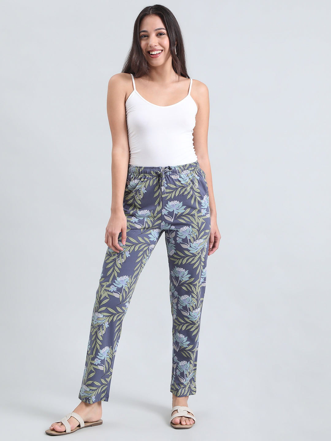 Blue Cotton Knit Printed Lounge Pants