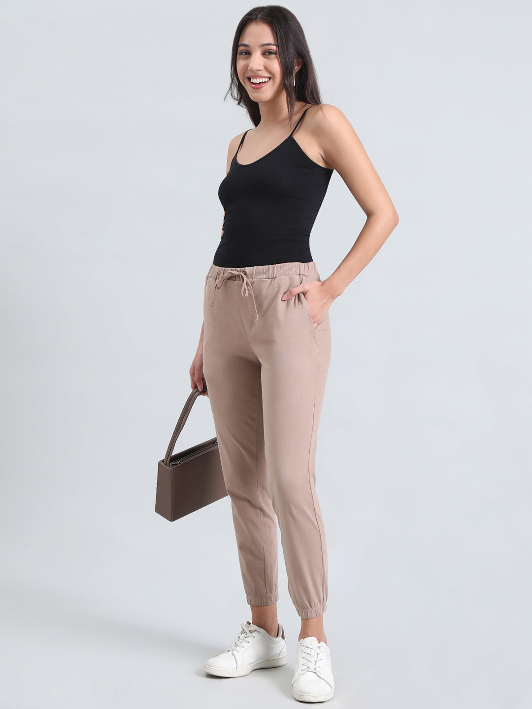 Light Brown Cotton Poly Stretch Cuffed Joggers