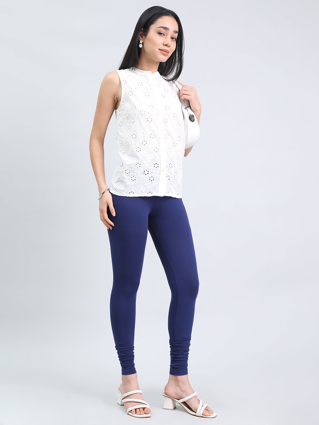 Ink Blue Cotton Stretch Ankle Length Leggings